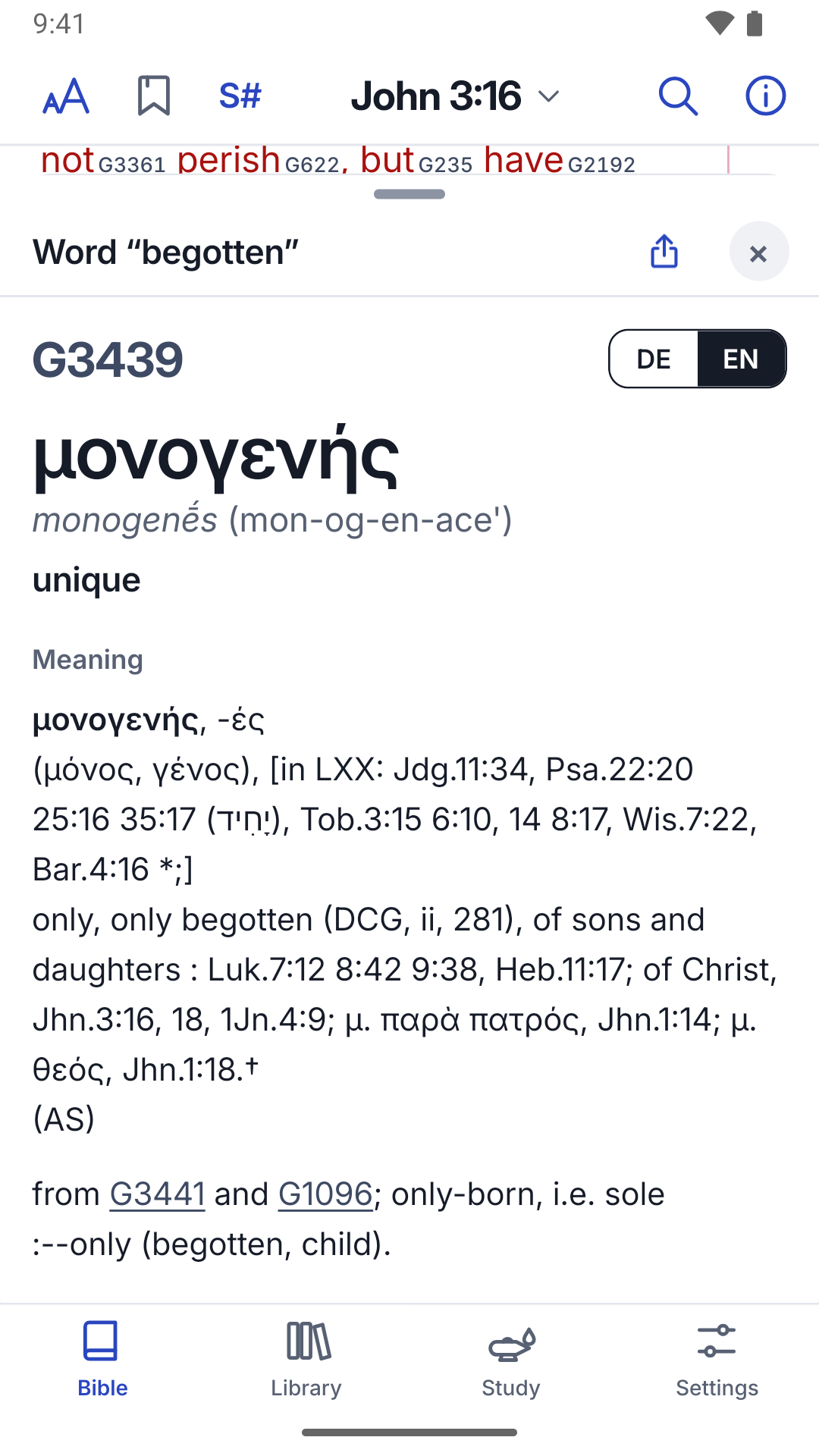 Entrée du lexique G3439 μονογενής pour le mot « begotten » (Jean 3,16)